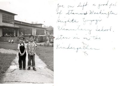 Joe & Stan

This photo states: "Joe on left a good pal of Stan's at Washington Heights Yoyogi Elementary School. Stan is in Kindergarten"

NOTE: according to Wikipedia, Washington Heights was a US Air Force housing complex in Shibuya, Tokyo, Japan. from 1946-1964.
