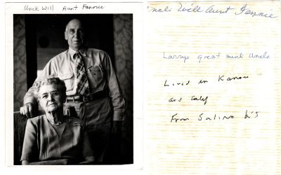 Uncle Will & Aunt Fannie

This was Donated by Elaine Swan.

This photo states on the front "Uncle Will & Aunt Fannie"

The back of the photo states: "Uncle Will, Aunt Fannie. Larry's great aunt/uncle. Lived in Kansas and California. From Salina, Kansas."
