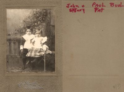 John Schweitzer Buol & Paul Martin Buol 

This Cabinet Card Photo States: "John (Skinny) & Paul (Fat) Buol"

The Photographers name is "Bush", Dubuque, Iowa.
