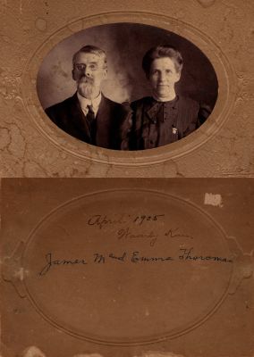 Click to view full size image
==============
Corp. James M. Thoroman & Emma F. Baird Thoroman
This photo mounted on board states: "April 1905, Waverly, Kansas. James M. & Emma Thoroman"
 Corp. James M. Thoroman & Emma F. Baird Thoroman
This photo mounted on board states: "April 1905, Waverly, Kansas. James M. & Emma Thoroman"