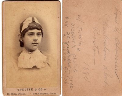 Lou V. Homer

This was Donated by Linda Zinn.

This CdV Photograph States: "Lou V. Homer, Charleston District, Boston. 1880. W/Jessie Webber's photos *my 2nd G Grandmother-prob. College Friend."

The Photographers name is "Devin & Co.", Charlestown, Massachusetts.
