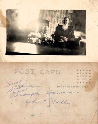 Great Great Great Grandpa Hammer, John & Nellie

This was Donated by Linda Zinn

This Real Photo Postcard (RPPC) States: "Great Great Great Grandpa Hammer, John & Nellie"
