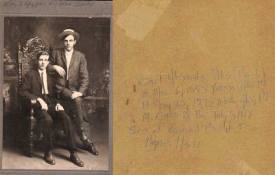 Click to view full size image
==============
Louie & Alex Brehl
THIS HAS BEEN RETURNED TO FAMILY
The front of the photo mounted on board states: "Louie____? & Alex Brehl"
The back of the photo mounted on board states:
" Carl Alexander "Alex" Brehl. Born 6 March 1888, Buena Vista, PA. Died 25 May 1945 Washington, PA. Married Grace B. Barr 5 July 1917. Son of Conrad Brehl & Agnes Hern".
Louie & Alex Brehl
THIS HAS BEEN RETURNED TO FAMILY
The front of the photo mounted on board states: "Louie____? & Alex Brehl"
The back of the photo mounted on board states:
" Carl Alexander "Alex" Brehl. Born 6 March 1888, Buena Vista, PA. Died 25 May 1945 Washington, PA. Married Grace B. Barr 5 July 1917. Son of Conrad Brehl & Agnes Hern".