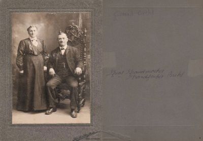 Conrad Brehl & Anna Agnes Herm Grean Brehl

THIS HAS BEEN RETURNED TO FAMILY

This photo mounted on board states: "Conrad Brehl. Great Grandmother, Great Grandfather Brehl"

The Photographers name is "The Weller Studio", Washington, Pennsylvania.
