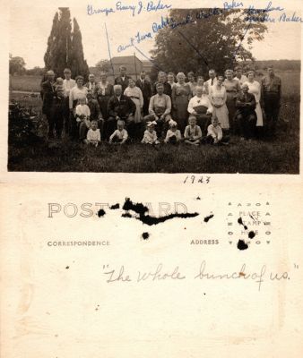 Grandpa Emery J. Baker, Aunt Lena Baker, Uncle Walter Baker &  Grandma Martha L. Berlincourt Baker

This was Donated by Linda Zinn.

The front of this Real Photo Postcard (RPPC) states: "Grandpa Emery J. Baker, Aunt Lena Baker, Uncle Walter Baker & Grandma Martha Baker, 1923"

The back of the Real Photo Postcard (RPPC) States: "The whole bunch of us"
