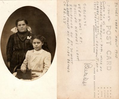Vera Lunette Kuns (Right) & Bessie Alice Kuns Neaves (Left)

This was Donated by Linda Zinn.

This Real Photo Postcard (RPPC) States: "Picture taken about 1916. 7-24-82, given to us by Marjorie "Weaver" Kuns, wife of Claude "Cy" Kuns. 1815 Stevenson Street, Fremont, Ohio.

Subjects:
Vera Kuns-Rt.
Bessive Neaves-Left
Residence on Rt. 20 West 2nd last house on Rt. side before co. RD. 128"
