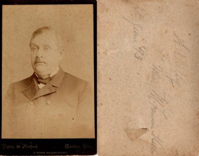 A. W. Kelly

This was Donated.

This Cabinet Card Photo States: "A. W. Kelly. To Miss M. Fannie Keller?, 6th June 1893"

The Photographers name is "Vignos & Hurford", Canton, Ohio
