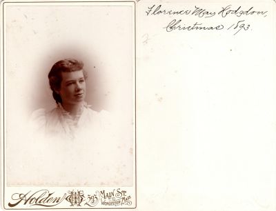 Click to view full size image
==============
Florence May Hodgdon
This was Donated
This Cabinet Card Photo States: "Florence May Hodgdon, Christmas 1893"
The Photographers name is "Holden", Worcester, Massachusetts
Florence May Hodgdon
This was Donated
This Cabinet Card Photo States: "Florence May Hodgdon, Christmas 1893"
The Photographers name is "Holden", Worcester, Massachusetts