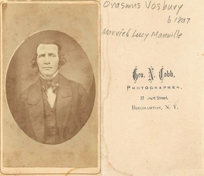Oramus Vosbury

THIS HAS BEEN RETURNED TO FAMILY

This CdV Photograph States: "Oramus Vosbury, Born 1807, Married Lucy Manville."

The Photographers name is "Geo. N. Cobb", Binghamton, New York.
