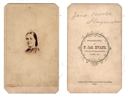 C. Jane Oswald Slaymaker

This was Donated by Jody Hansen

This CdV Photograph States: "Jane Oswold Slaymaker"

The Photographers name is "F. Jas. Evans", York, Pennsylvania.
