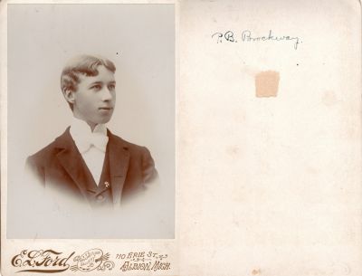 Porter Bruce Brockway

This was Donated by Cheryl Webber/ The Terry Girls Genealogy.

This Cabinet Card Photo States: "P. B. Brockway"

The Photographers name is "Ford", Albion, Michigan
