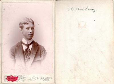  Porter Bruce Brockway

This was Donated by Cheryl Webber/ The Terry Girls Genealogy.

This Cabinet Card Photo States: "P. B. Brockway"

The Photographers name is "Morgan & Gibson", Ann Harbor, Michigan
