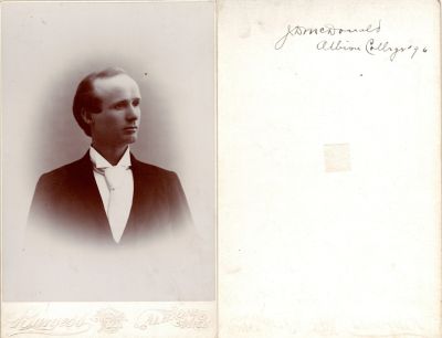 Rev. James Davis MacDonald

This was Donated by Cheryl Webber/ The Terry Girls Genealogy.

This Cabinet Card Photo States: "J. D. McDonald, Albion College '96"

The Photographers name is "Burgess", Albion, Michigan
