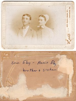 Sem Mellinger Eby & Anna M. Eby 

This was Donated by Cheryl Webber/ The Terry Girls Genealogy.

This photo mounted on board states: "Sem Eby & Annie Eby, brother & sister"

The Photographers name is "Rote?", Lancaster, Pennsylvania
