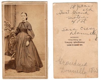 Sara Cresy Donnelly

This was Donated by Cheryl Webber/ The Terry Girls Genealogy.

This CdV Photograph States: " 18 years, Great Grand mother of ____, Sara Cresy Donnelly, Grandma Donnelly"

The Photographers name is "Van Doorn & Hein's, Brooklyn, New York


