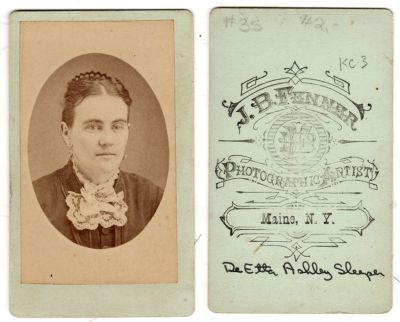 Click to view full size image
==============
DeEtta Ashley Sleeper
This was Donated by Cheryl Webber/ The Terry Girls Genealogy.
This CdV Photograph States: "DeEtta Ashley Sleeper"
The Photographers name is "J. B. Fennar", Maine, New York
DeEtta Ashley Sleeper
This was Donated by Cheryl Webber/ The Terry Girls Genealogy.
This CdV Photograph States: "DeEtta Ashley Sleeper"
The Photographers name is "J. B. Fennar", Maine, New York