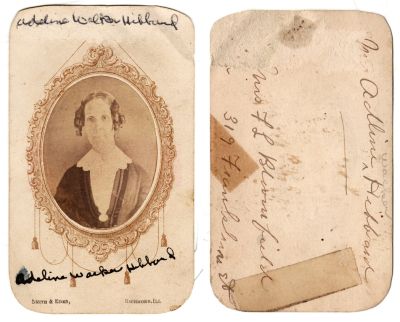 Adeline W. Walker Hibbard

This was Donated by Cheryl Webber/ The Terry Girls Genealogy.

This CdV Photograph states on the front: "Adeline Walker Hibbard"

This CdV Photograph states on the back: "Mrs. Adeline Walker Hibbard. Mrs. F. L. Bloomfield, 319 Franklin Str."
