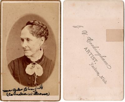 Cornelia Williams Bloomfield

This was Donated by Cheryl Webber/ The Terry Girls Genealogy.

This CdV Photograph states: "Mrs. Giles Bloomfield (Cornelia W. Williams)

The Photographers name is "Cookingham", Jackson, Michigan
