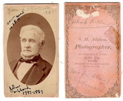 John L. Hibbard

This was Donated by Cheryl Webber/ The Terry Girls Genealogy.

This CdV Photograph states on the front: "John Hibbard, 1797-1887. Came West in '84"

The back of the CdV Photograph states: "John L. Hibbard. Mrs. F. L. Bloomfield, 319 Franklin, Elgin"

The CdV Photograph was taken in 1882.

The Photographers name is "S. M. Adams", Elgin, Wisconsin.
