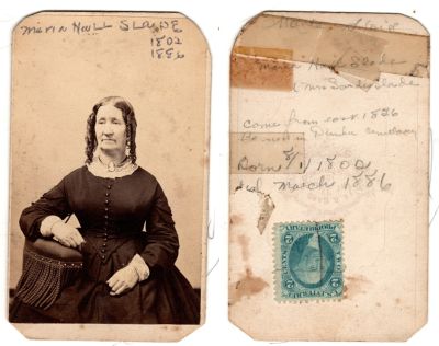 Maria Hall Slade

This was Donated by Cheryl Webber/ The Terry Girls Genealogy.

This CdV Photograph states on the front: "Maria Hall Slade, 1802-1886.

The back of the CdV Photograph states: "Maria Hall Slade, (Mrs Sardis Slade). Came from East 1826. Buried in Dundee Cemetery, Born 1 August 1800 & Died March 1886"

