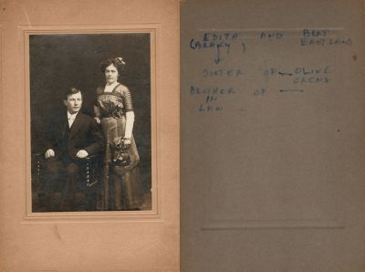 Click to view full size image
==============
Edith Bracy Eastland & Bert Odell Eastland
THIS HAS BEEN RETURNED TO FAMILY
This was Donated by Cheryl Webber/ The Terry Girls Genealogy.
This photo mounted on board states: "Edith Bracy & Bert Eastland, Sister of Olive ___, Brother in law of Olive___."
The Photographer is in Mexico, New York.
Edith Bracy Eastland & Bert Odell Eastland
THIS HAS BEEN RETURNED TO FAMILY
This was Donated by Cheryl Webber/ The Terry Girls Genealogy.
This photo mounted on board states: "Edith Bracy & Bert Eastland, Sister of Olive ___, Brother in law of Olive___."
The Photographer is in Mexico, New York.
