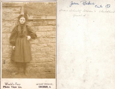 Jane Baker

THIS HAS BEEN RETURNED TO FAMILY

This was Donated by Jody Hansen

This Cabinet Card Photo States: "Jane Baker, __?, Grace Schultz Green's childhood friend"

The Photographers name is "World's Fair Photo View Co.", Cincinnati, Ohio.
