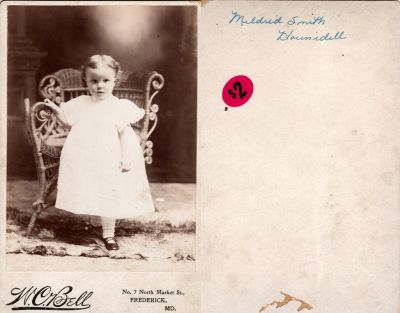 Mildred Oneida Smith Honodel

This Cabinet Card Photo States: "Mildred Smith Hounidell"

The Photographers name is "W. C. Bell", Frederick, Maryland
