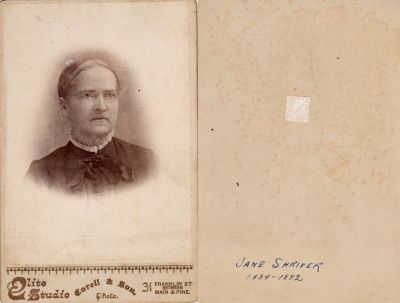 Jane Ensign Shriver

THIS HAS BEEN RETURNED TO FAMILY

This was Donated by Cheryl Webber/ The Terry Girls Genealogy.

This Cabinet Card Photo States: "Jane Shriner, 1834-1892"

The Photographers name is "Elite Studio, Corell & Son", 31 Franklin Street, between Main & Pine
