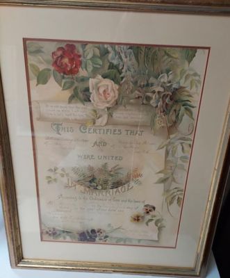 William Ludwig Gratoff & Chloe Garrison Marriage Certificate, 1904

This was donated by Anna Bornemeier.

This is a framed marriage certificate for William Ludwig Gratoff & Chloe Garrison. Date of Marriage was 24 October 1904.

