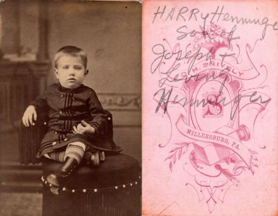 Harry H. Henninger Sr.

This CdV Photograph States: "Harry Henninger, son of Joseph & Leving [Lovina] Henninger"

The Photographers name is "C. H. Snively", Millersburg, Pennsylvania.
